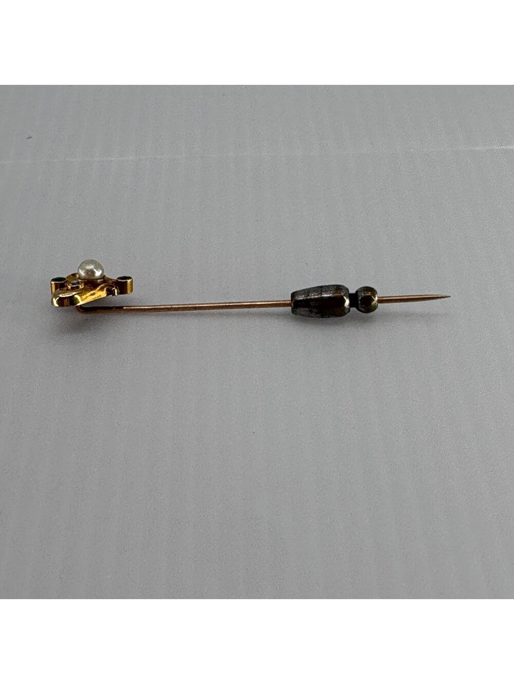 14K Marked Stick Pin Pearl Green Clear Stones Gold Tone Jewelry - Picture 8 of 10